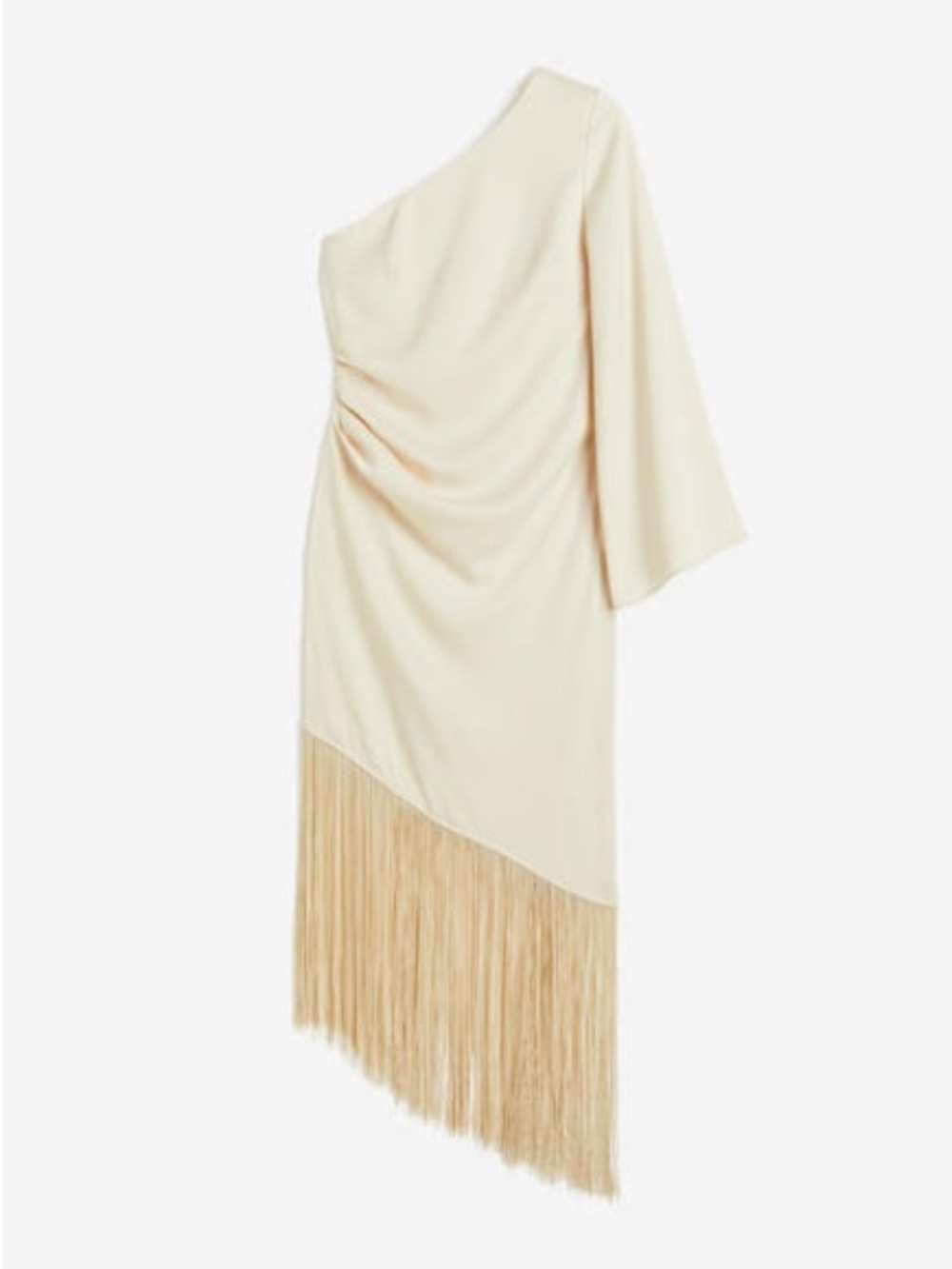 H&M Cream One-Shoulder Fringe Midi Dress